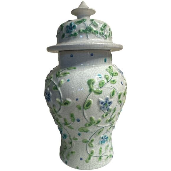 Italian Ceramic Ivory Flowers & Vines Blue Green Crazes Temple Jar 10"H - Picture 1 of 8